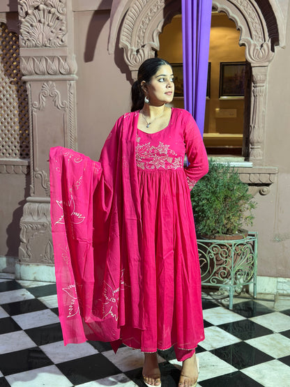Graceful Pink Anarkali Kurta Set – Embroidered Adda Work, Pure Cotton, Festive Wear (RR1045-Pink)