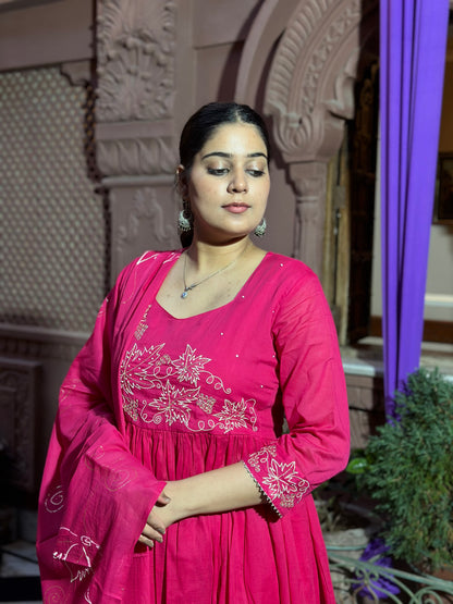 Graceful Pink Anarkali Kurta Set – Embroidered Adda Work, Pure Cotton, Festive Wear (RR1045-Pink)