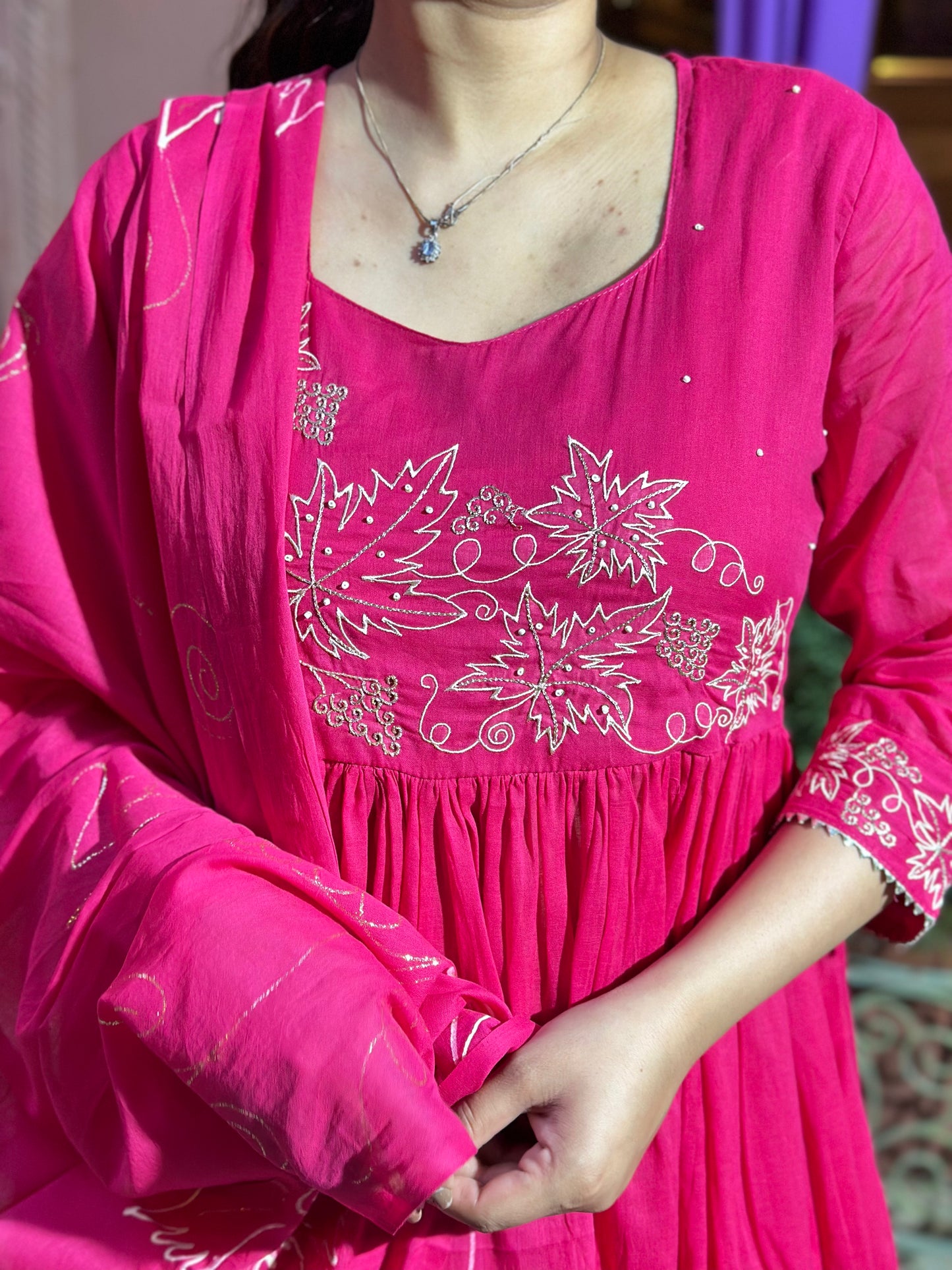 Graceful Pink Anarkali Kurta Set – Embroidered Adda Work, Pure Cotton, Festive Wear (RR1045-Pink)