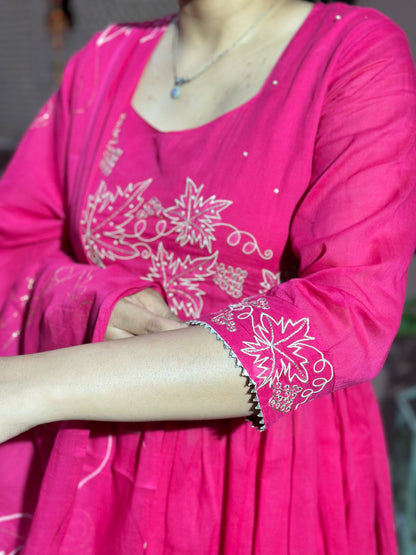 Graceful Pink Anarkali Kurta Set – Embroidered Adda Work, Pure Cotton, Festive Wear (RR1045-Pink)