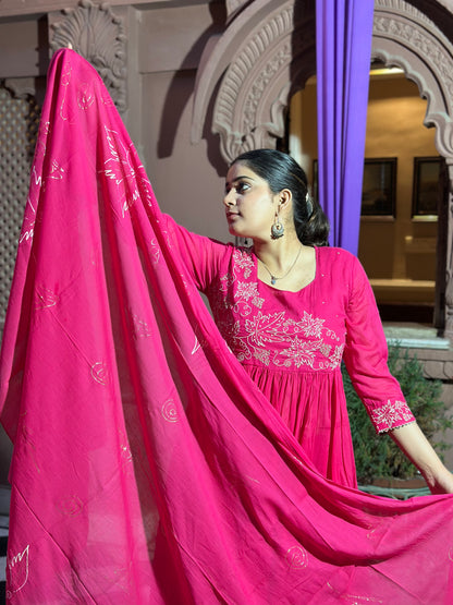 Graceful Pink Anarkali Kurta Set – Embroidered Adda Work, Pure Cotton, Festive Wear (RR1045-Pink)