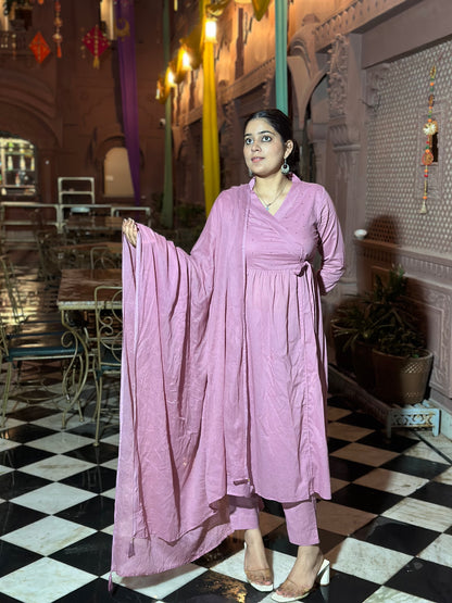 Lavender Angrakha Kurta Set – Pure Cotton, Adda Work, Festive Wear (RR1048-Lavender)