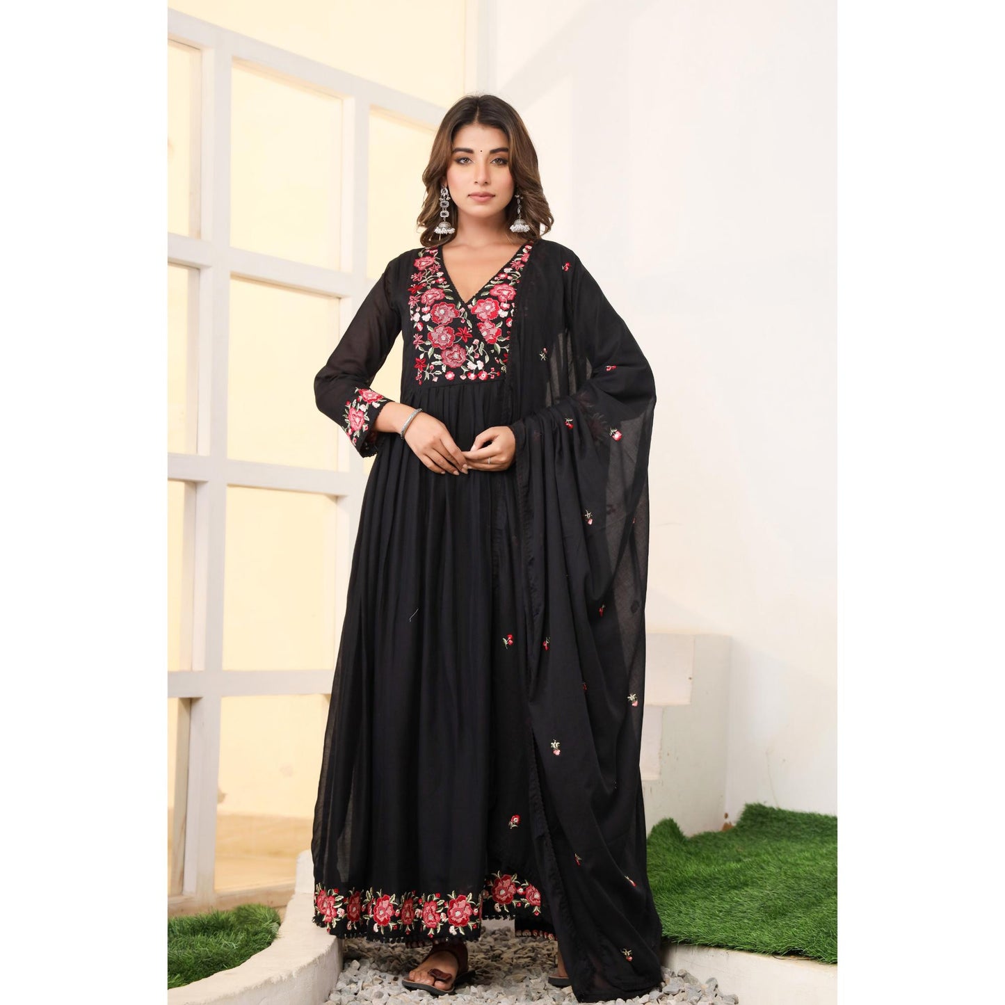 Black Anarkali Cotton Kurta Set – Embroidered Festive Wear (RR1053-Black)