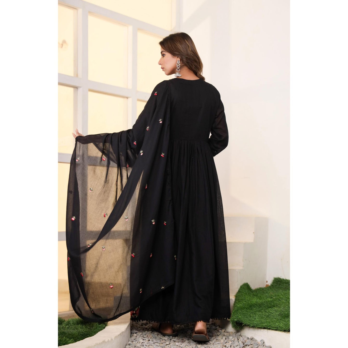 Black Anarkali Cotton Kurta Set – Embroidered Festive Wear (RR1053-Black)