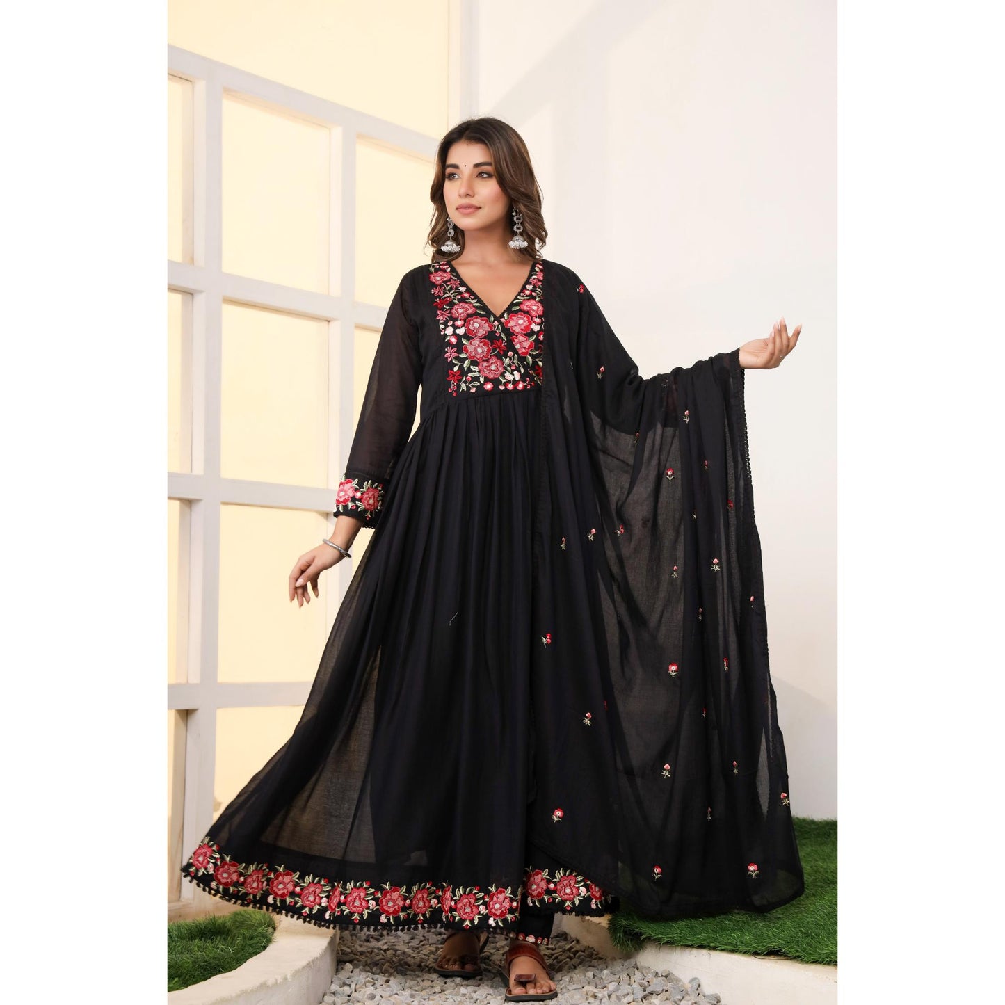 Black Anarkali Cotton Kurta Set – Embroidered Festive Wear (RR1053-Black)