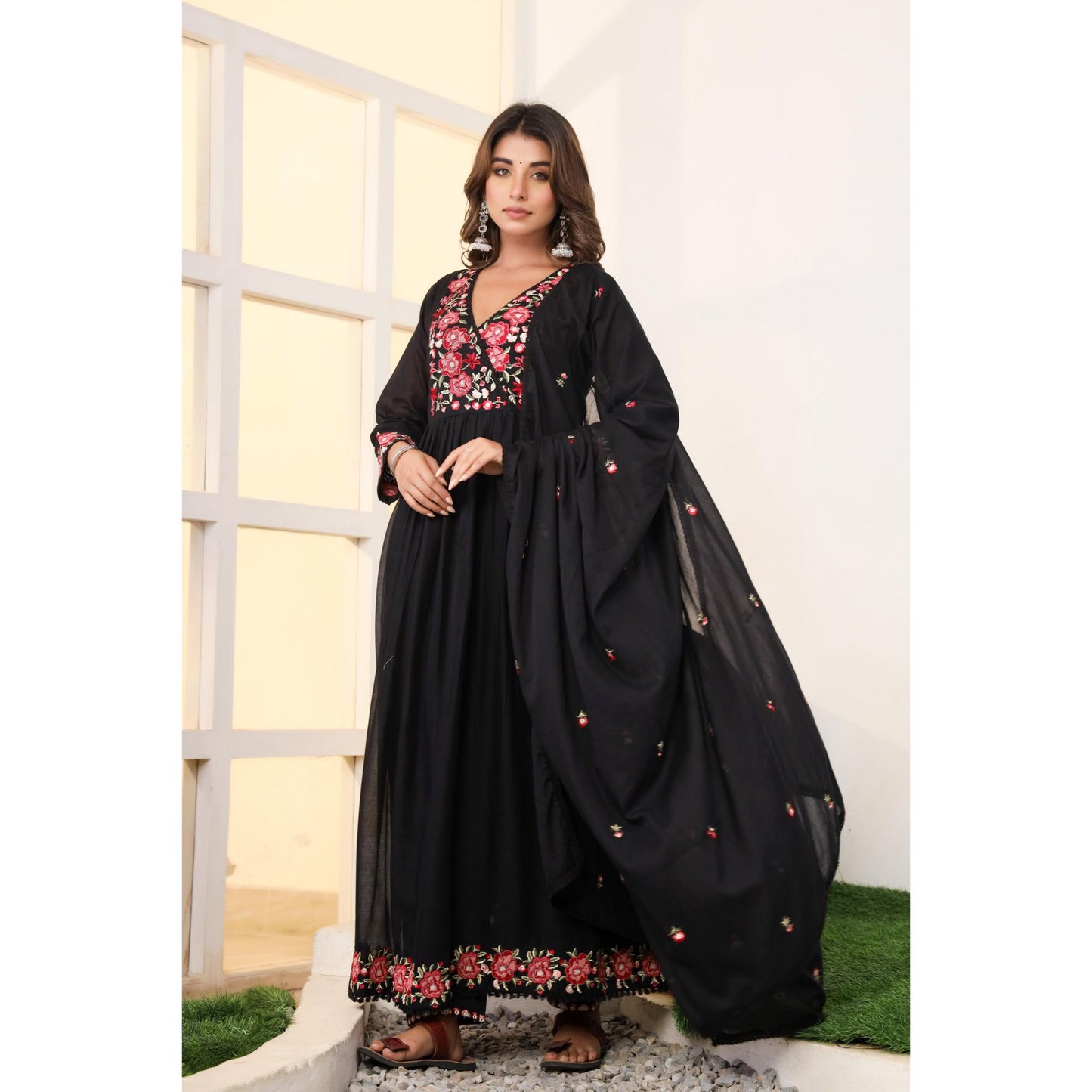 Black Anarkali Cotton Kurta Set – Embroidered Festive Wear (RR1053-Black)