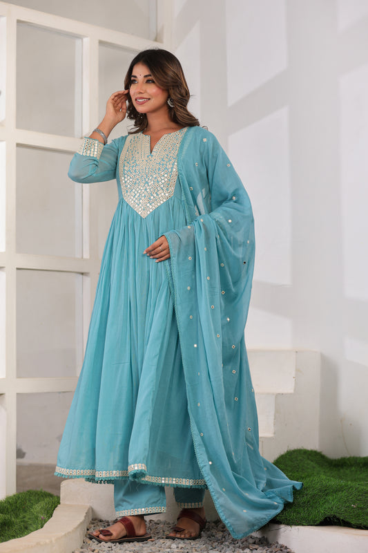 Sky Blue Anarkali Cotton Kurta Set – Mirror Embroidery Festive Wear (RR1054-Sky Blue)