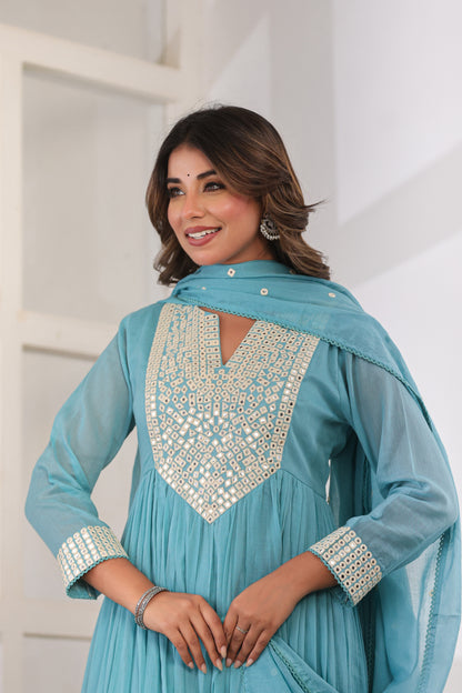 Sky Blue Anarkali Cotton Kurta Set – Mirror Embroidery Festive Wear (RR1054-Sky Blue)