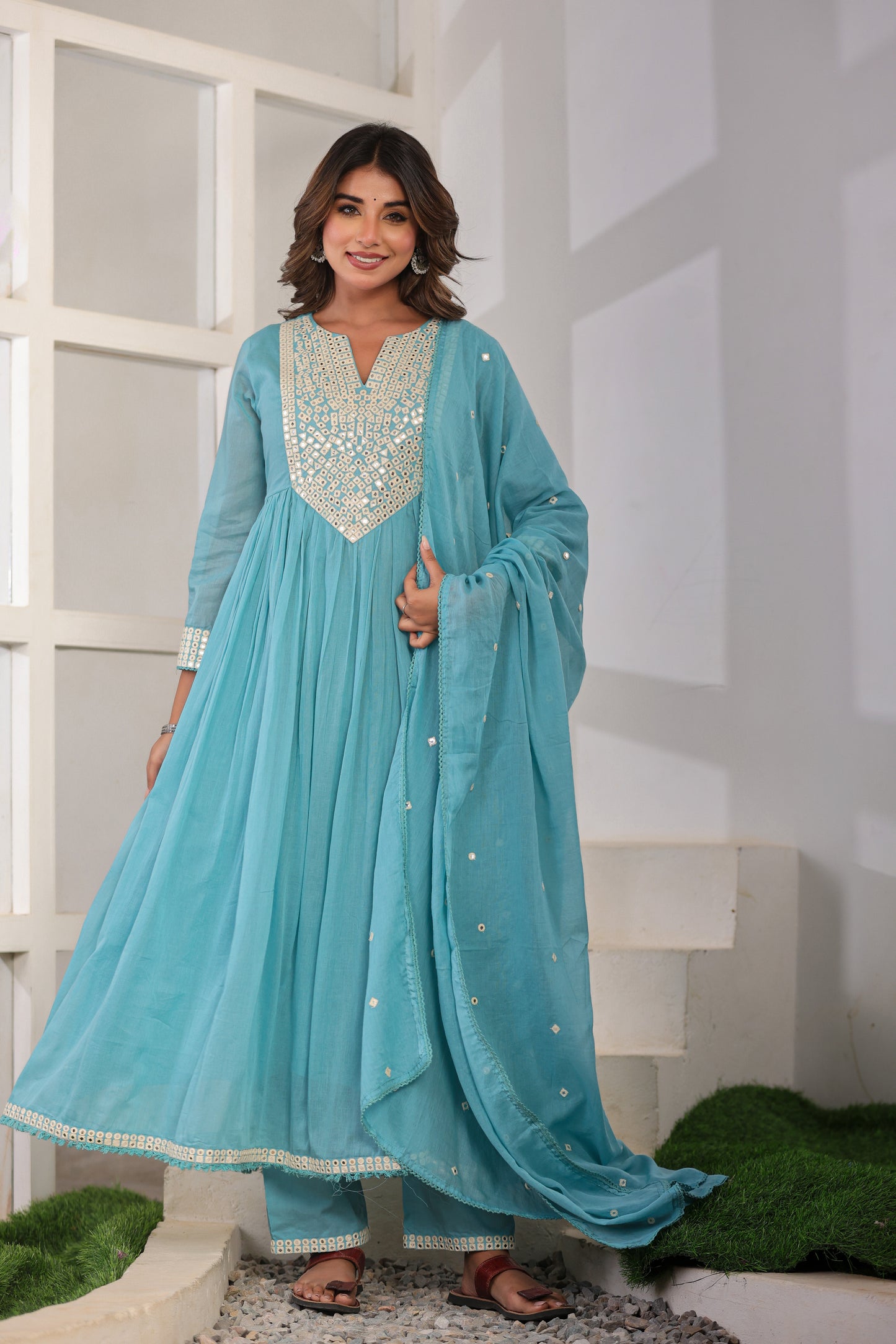 Sky Blue Anarkali Cotton Kurta Set – Mirror Embroidery Festive Wear (RR1054-Sky Blue)