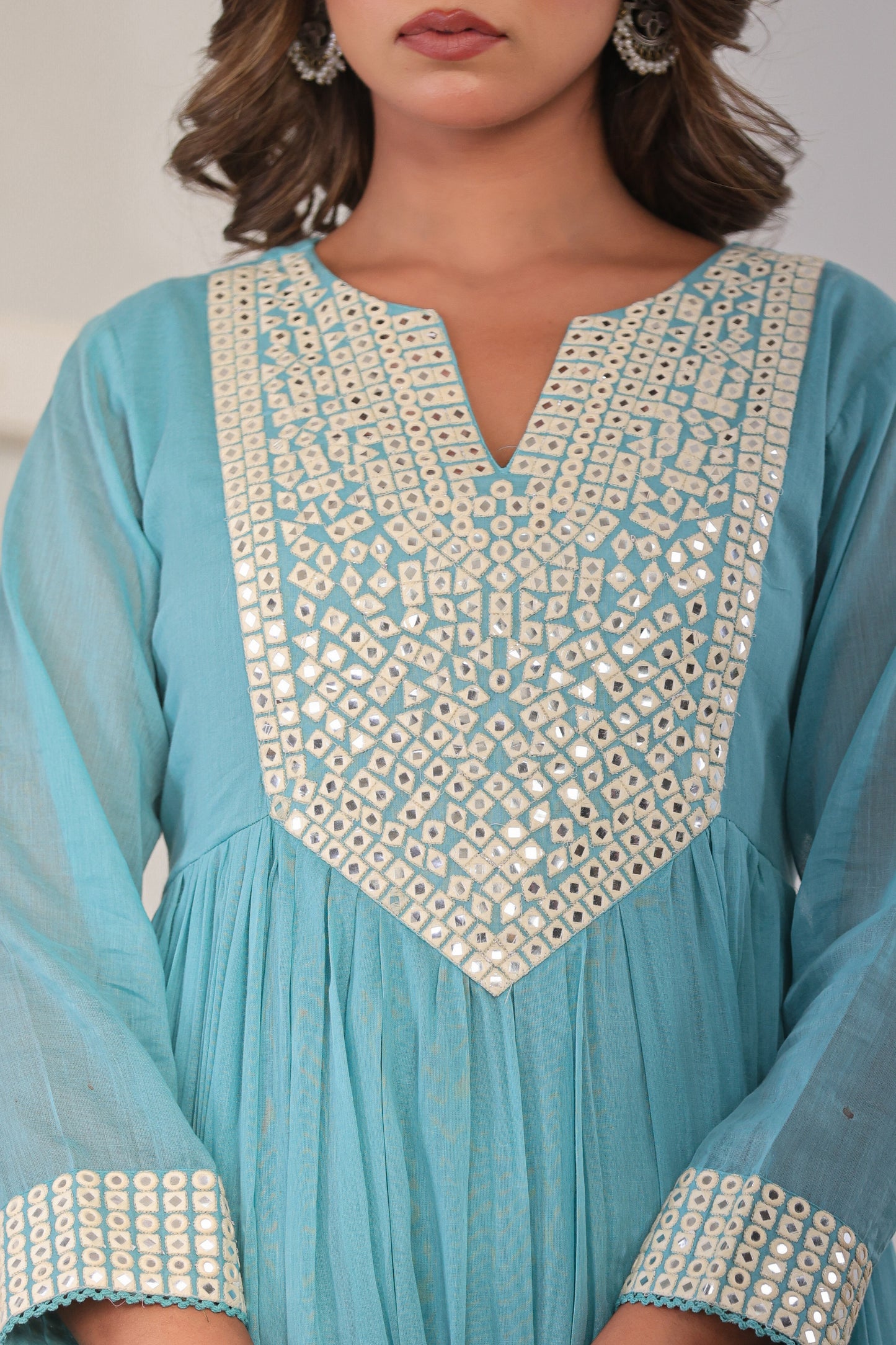 Sky Blue Anarkali Cotton Kurta Set – Mirror Embroidery Festive Wear (RR1054-Sky Blue)