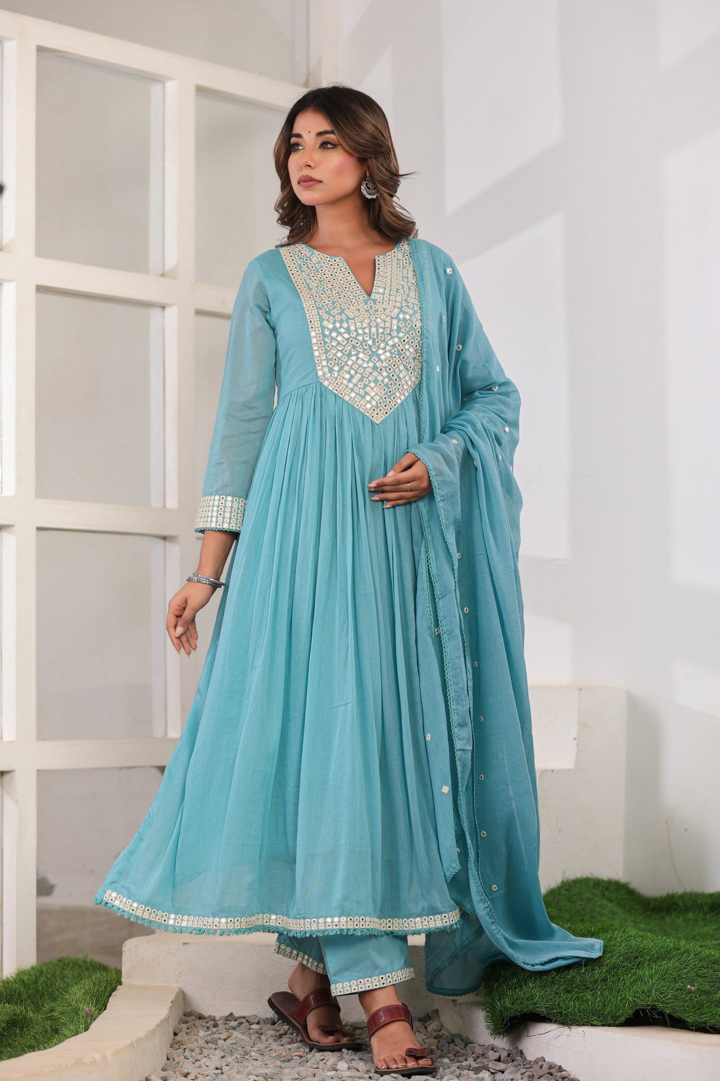 Sky Blue Anarkali Cotton Kurta Set – Mirror Embroidery Festive Wear (RR1054-Sky Blue)