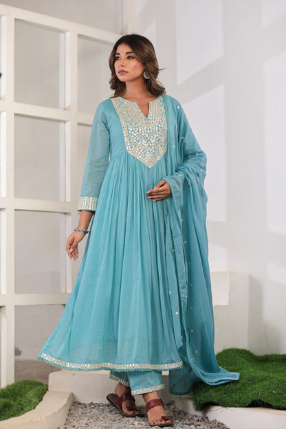 Sky Blue Anarkali Cotton Kurta Set – Mirror Embroidery Festive Wear (RR1054-Sky Blue)