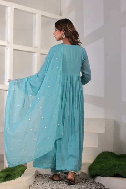 Sky Blue Anarkali Cotton Kurta Set – Mirror Embroidery Festive Wear (RR1054-Sky Blue)