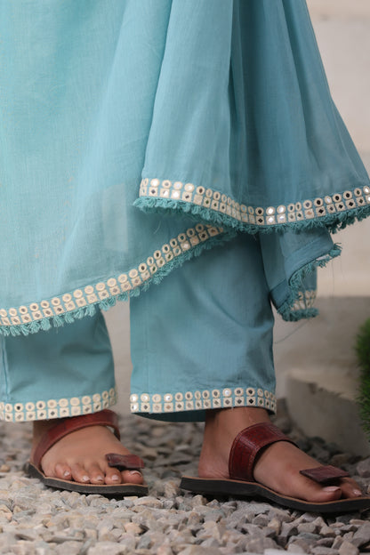 Sky Blue Anarkali Cotton Kurta Set – Mirror Embroidery Festive Wear (RR1054-Sky Blue)