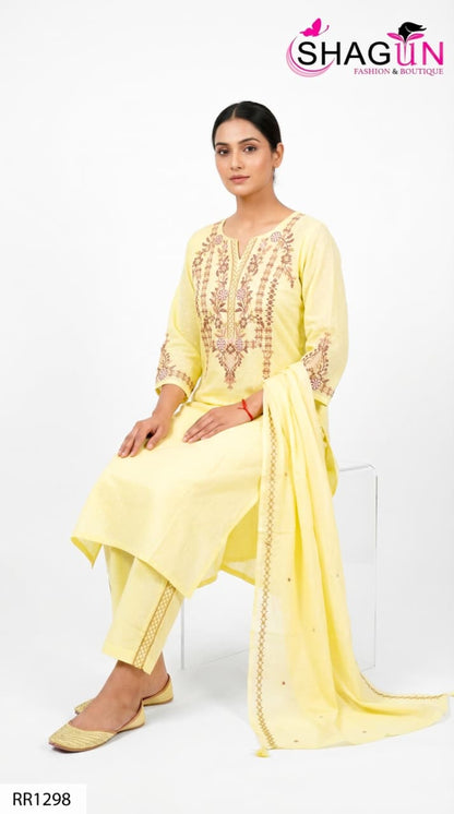 Pastel Green Pure Cotton Summerish Suit with Sleek Embroidery Work on neck RR1298-Pastel Green