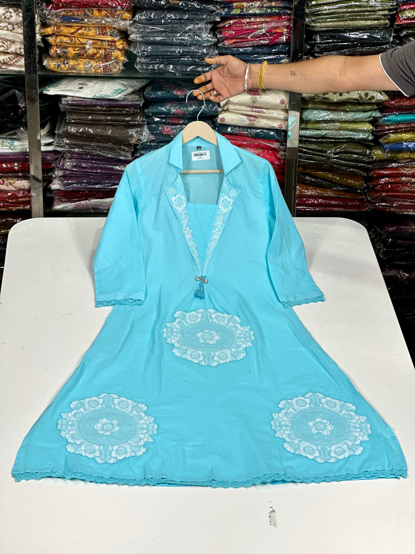 Skyblue Anarkali Cotton Kurta Set – Thread Embroidery Festive Wear (RR1373-Skyblue)