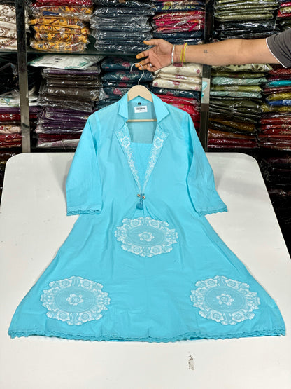 Skyblue Anarkali Cotton Kurta Set – Thread Embroidery Festive Wear (RR1373-Skyblue)