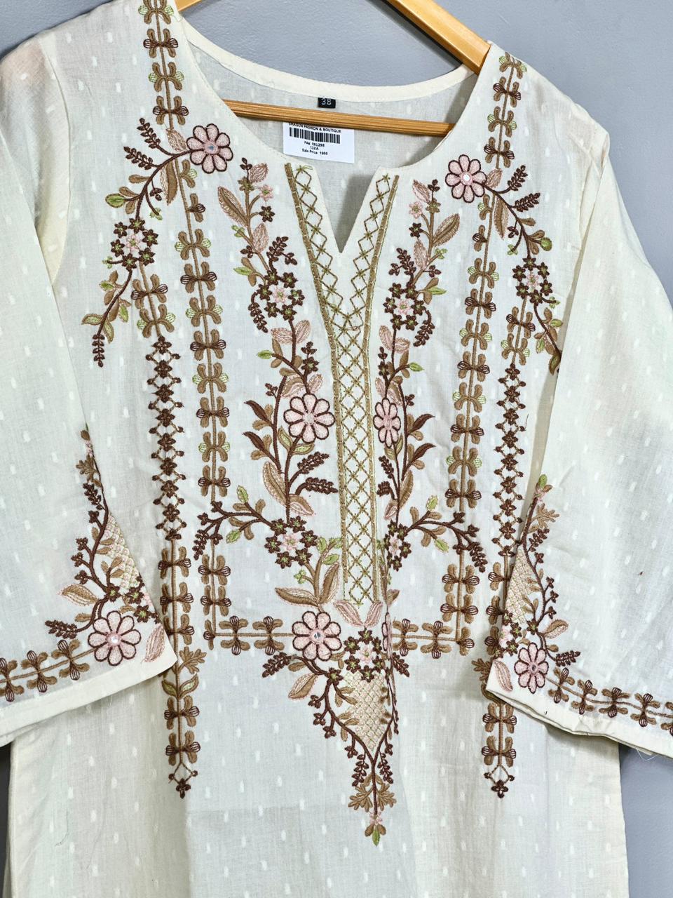 Pastel Green Pure Cotton Summerish Suit with Sleek Embroidery Work on neck RR1298-Off White