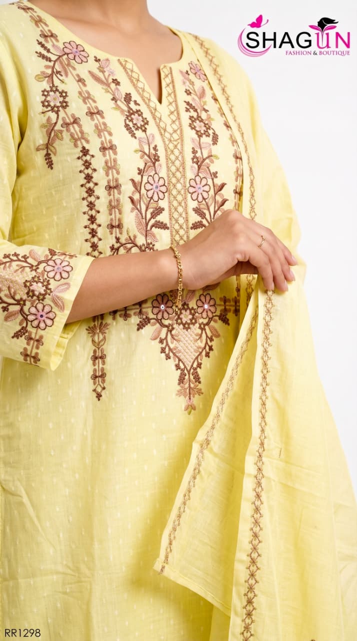 Pastel Green Pure Cotton Summerish Suit with Sleek Embroidery Work on neck RR1298-Pastel Green