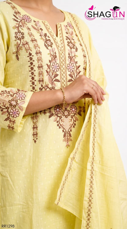 Pastel Green Pure Cotton Summerish Suit with Sleek Embroidery Work on neck RR1298-Pastel Green