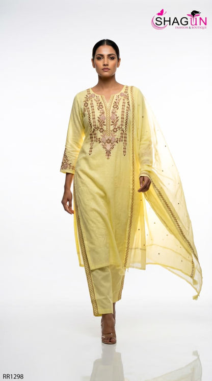 Pastel Green Pure Cotton Summerish Suit with Sleek Embroidery Work on neck RR1298-Pastel Green