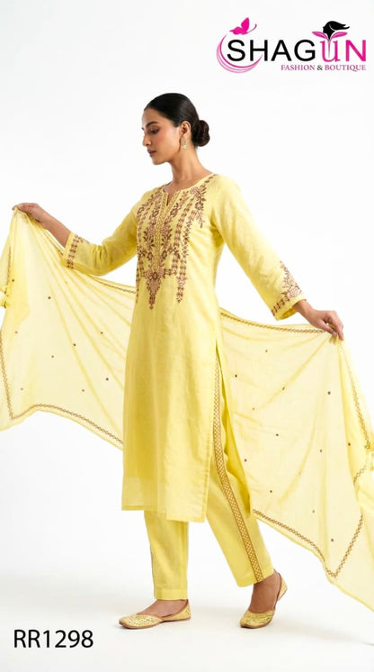 Pastel Green Pure Cotton Summerish Suit with Sleek Embroidery Work on neck RR1298-Pastel Green