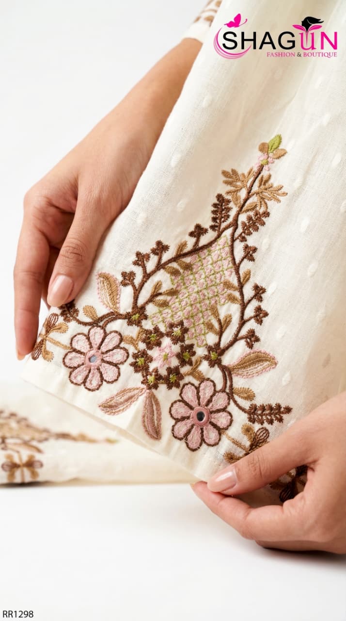 Pastel Green Pure Cotton Summerish Suit with Sleek Embroidery Work on neck RR1298-Off White