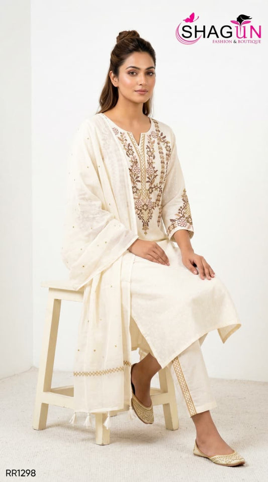 Pastel Green Pure Cotton Summerish Suit with Sleek Embroidery Work on neck RR1298-Off White