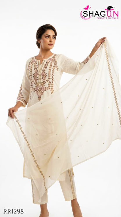Pastel Green Pure Cotton Summerish Suit with Sleek Embroidery Work on neck RR1298-Off White