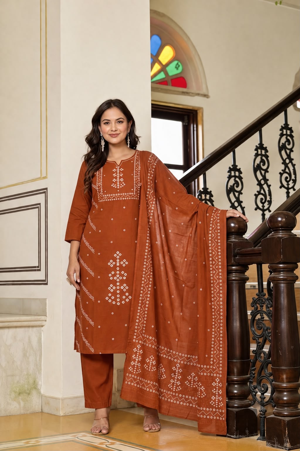 Bandhani Print semi Formal Kurti Pant With Duptta Merror Work Detailing On Neck