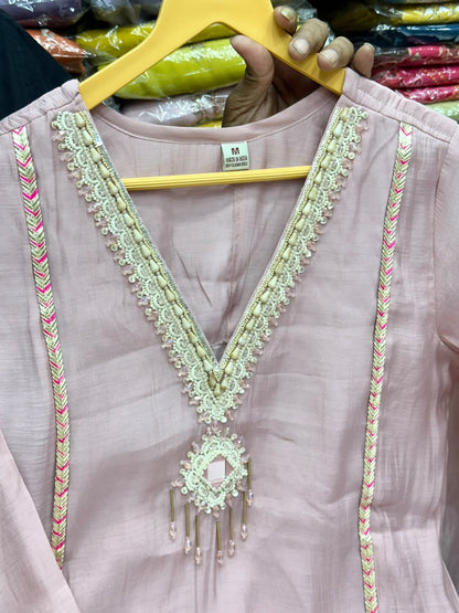 Pure Mul Chanderi A-Line 3-Piece Suit Set with Handwork Detailing & Double-Color Dupatta - RR1656