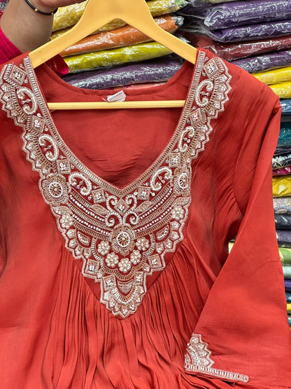 A-Line Muslin Silk 3-Piece Suit Set with Handwork and Lace Detailing - RR1637