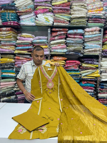 A-Line Cotton 3 Piece Kurti Set with Thread Work & Booti Work Dupatta – RR1618