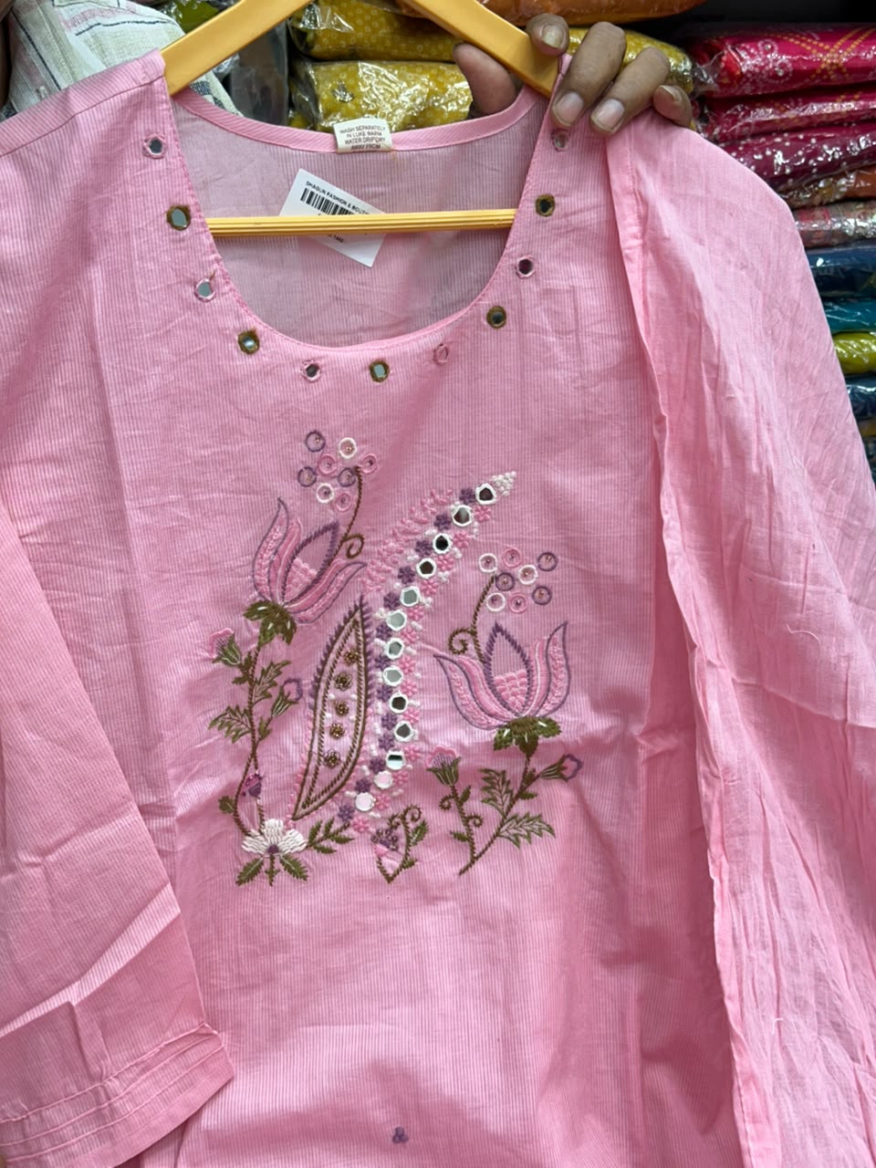 A-Line Mulmul Cotton 3 Piece Kurti Set with Thread Work and Pocket – RR1506