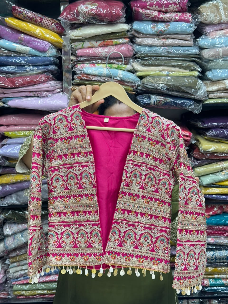 3-Piece Silk Sharara Set with Heavy Work Jacket and Blouse