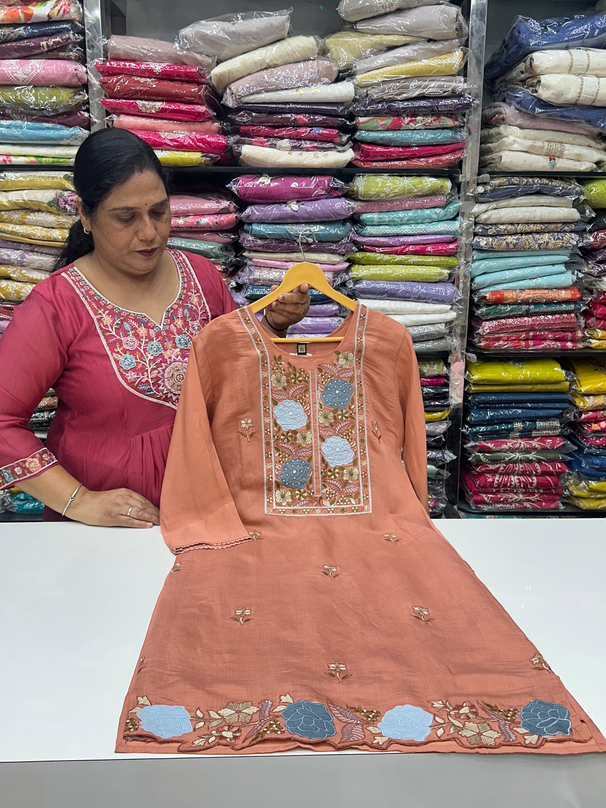 Straight Mulmul Cotton 3 Piece Kurti Set with Thread, Pearl & Appliqué Work – RR1651