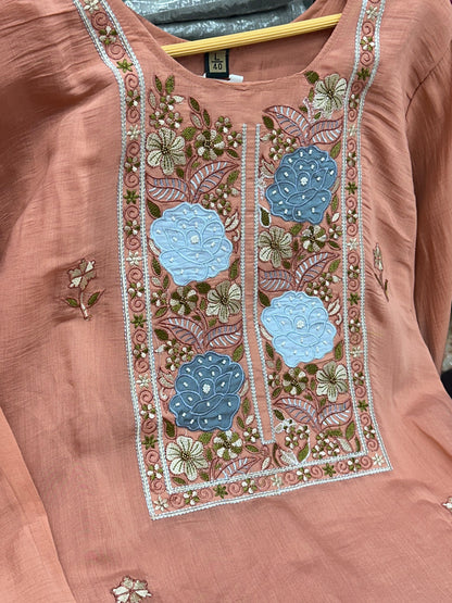Straight Mulmul Cotton 3 Piece Kurti Set with Thread, Pearl & Appliqué Work – RR1651