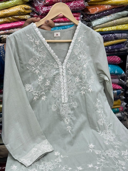 Straight Mul Cotton 3 Piece Kurti Set with All-Over Thread Work and Dupatta – RR1462