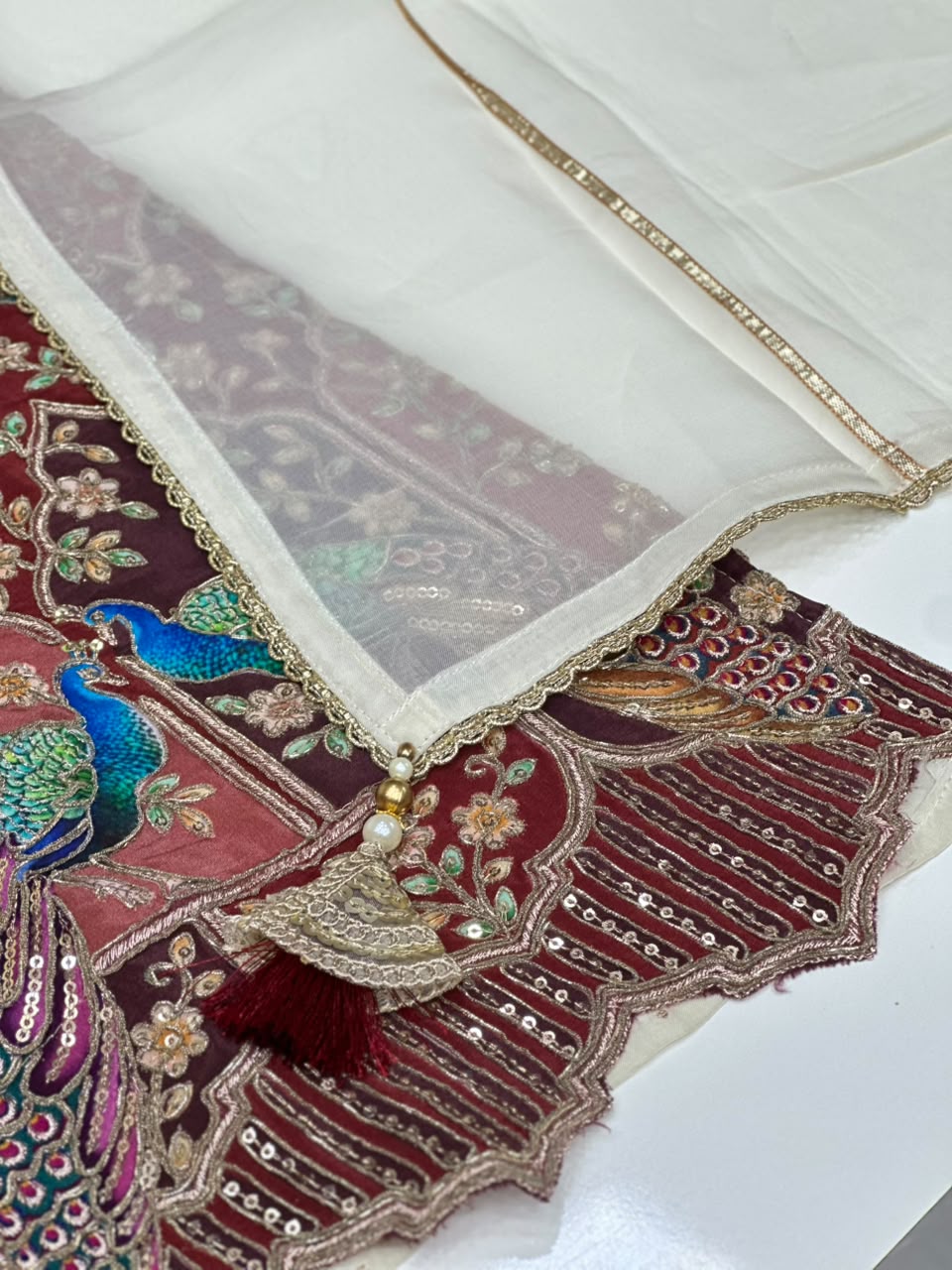 Straight Organza Silk 3 Piece Kurti Set with Peacock and Embrodided Work
