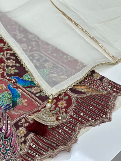 Straight Organza Silk 3 Piece Kurti Set with Peacock and Embrodided Work