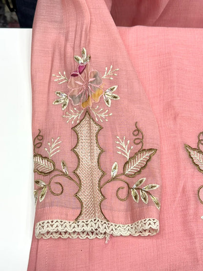 Crush Cotton Straight Kurti Pant Set with Floral Print Dupatta and Thread Work - RR1655