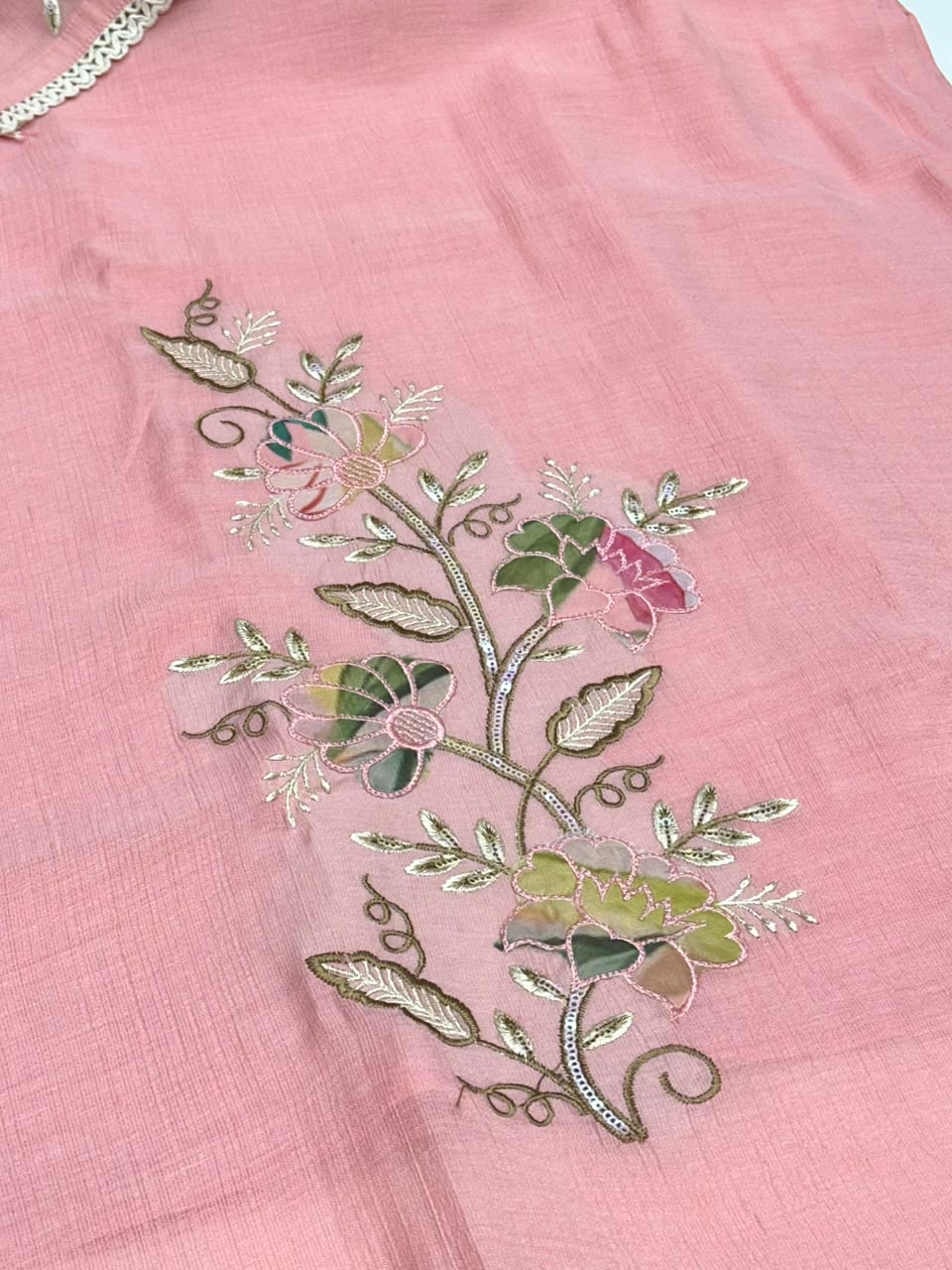 Crush Cotton Straight Kurti Pant Set with Floral Print Dupatta and Thread Work - RR1655
