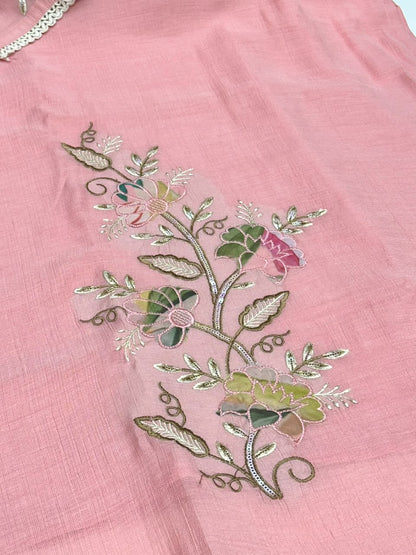 Crush Cotton Straight Kurti Pant Set with Floral Print Dupatta and Thread Work - RR1655