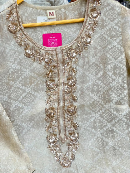 Shimmer Silk Farshi Salwar Set with Handwork and Golden Print Dupatta - RR1654