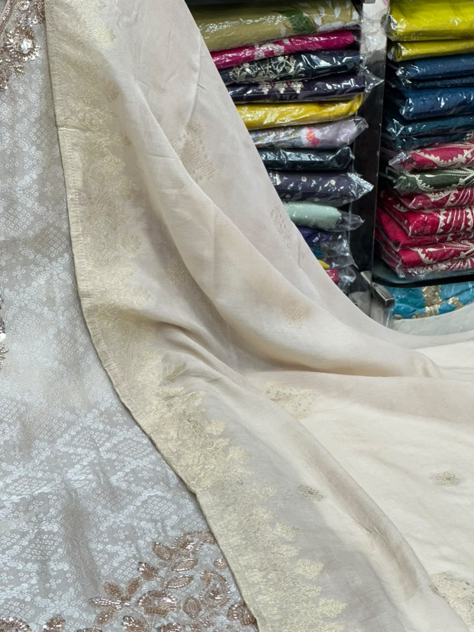Shimmer Silk Farshi Salwar Set with Handwork and Golden Print Dupatta - RR1654