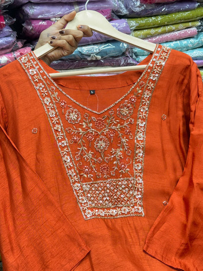 Dola Silk Straight Kurti Pant Set with Beads Work and Golden Print Dupatta – RR1664