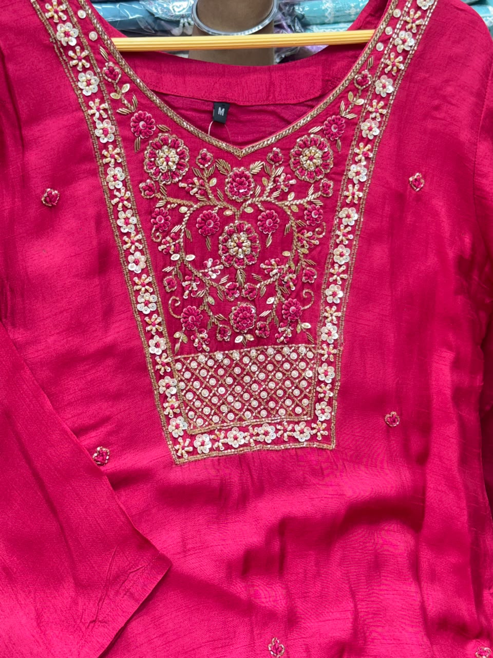 Dola Silk Straight Kurti Pant Set with Beads Work and Golden Print Dupatta – RR1664