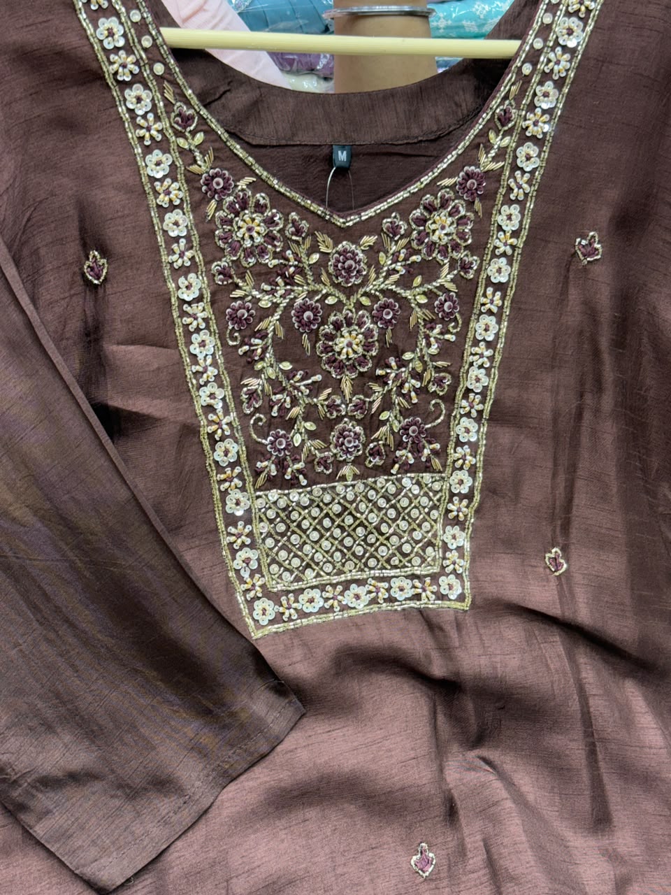Dola Silk Straight Kurti Pant Set with Beads Work and Golden Print Dupatta – RR1664