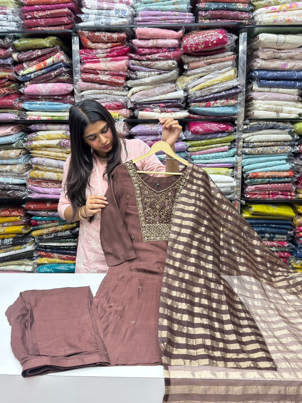 Dola Silk Straight Kurti Pant Set with Beads Work and Golden Print Dupatta – RR1664
