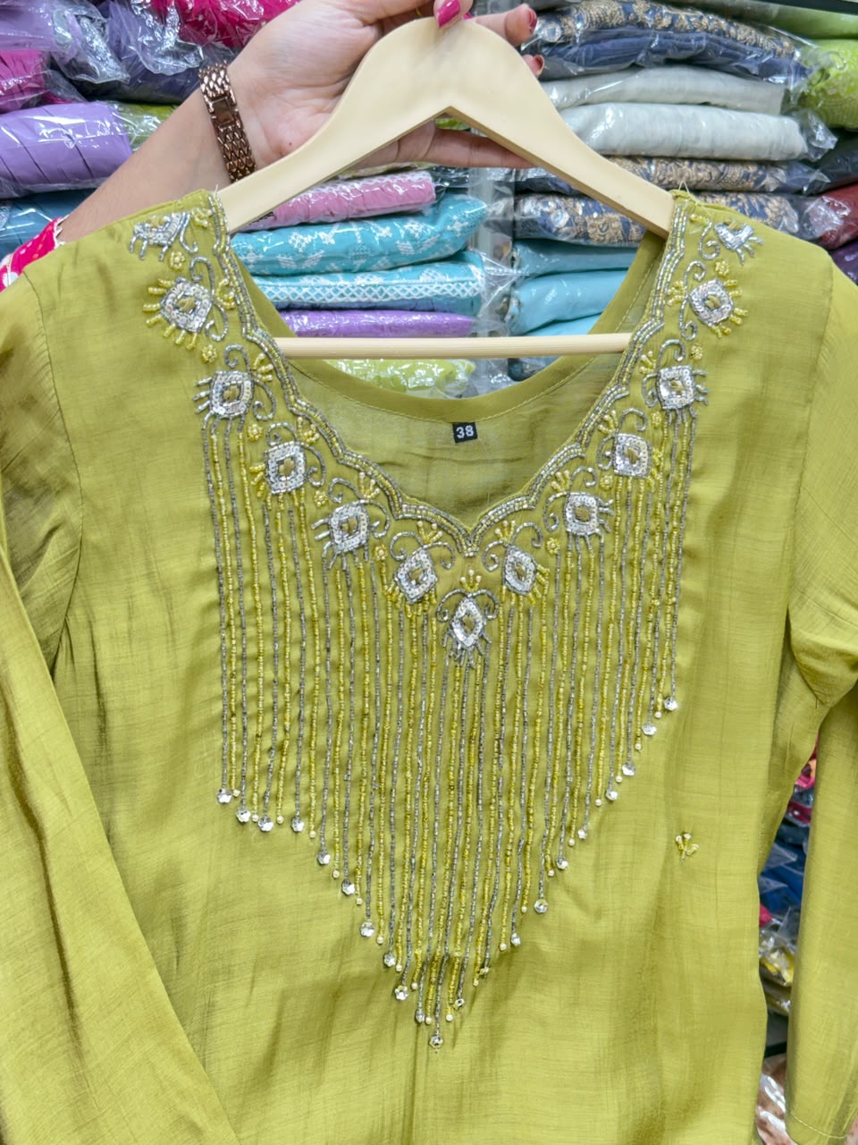 Mul Chanderi Straight Kurti Pant Set with Beads & Booti Work - RR1661